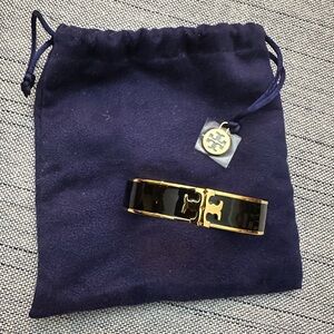 Tory Burch Black and Gold Logo Enamel Hinged Bracelet